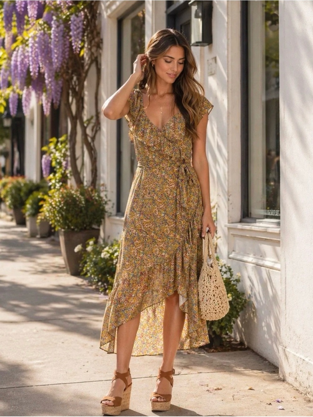 Rebecca Minkoff Floral Ruffle Wrap Midi Dress XS Mustard Yellow